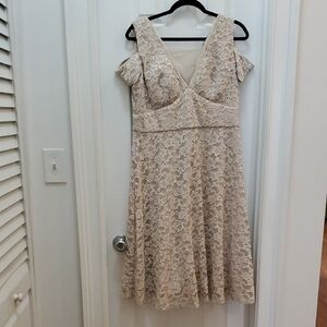 R&M Richards Tan Fit and Flare Midi Dress with Cold Shoulder